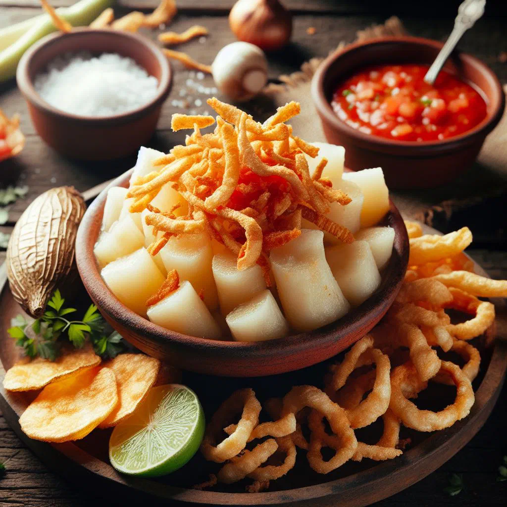 Golden fried cassava served with crispy pork chicharrón and lime wedges