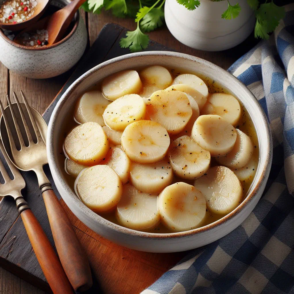 Tender cassava chunks marinated with onion and carrot, garnished with fresh coriander