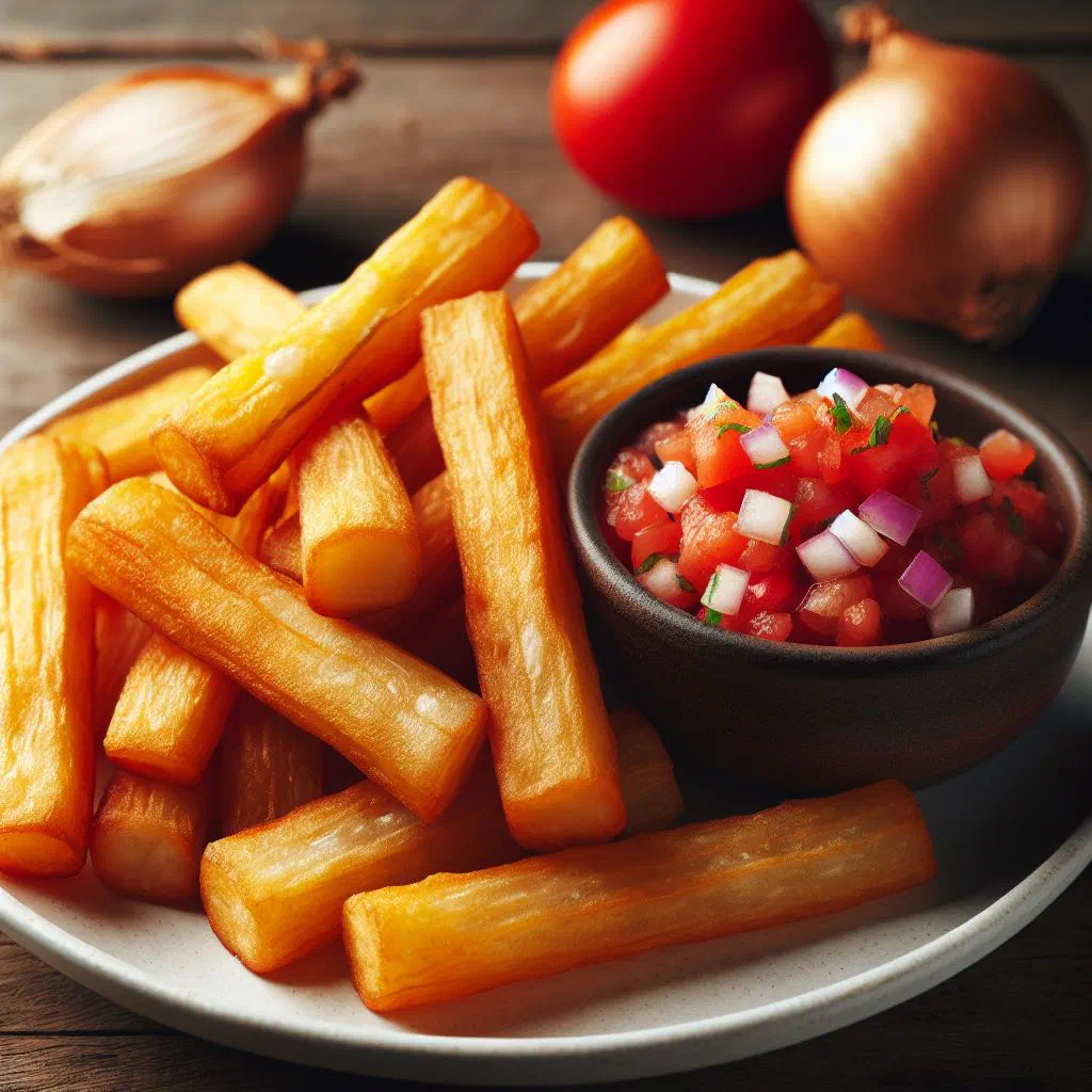Crispy fried cassava strips served with a fresh tomato salsa