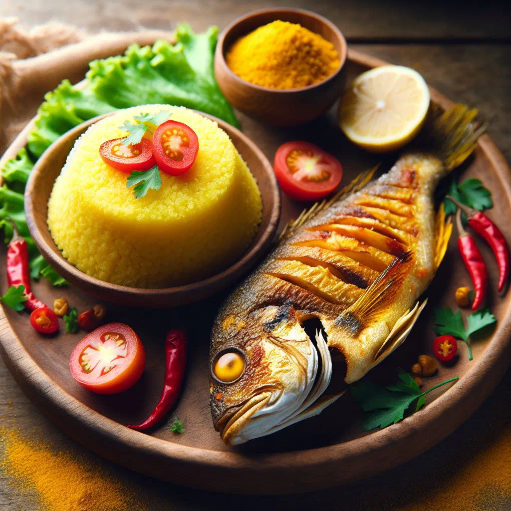 Attiéké with grilled fish, fresh herbs and lime