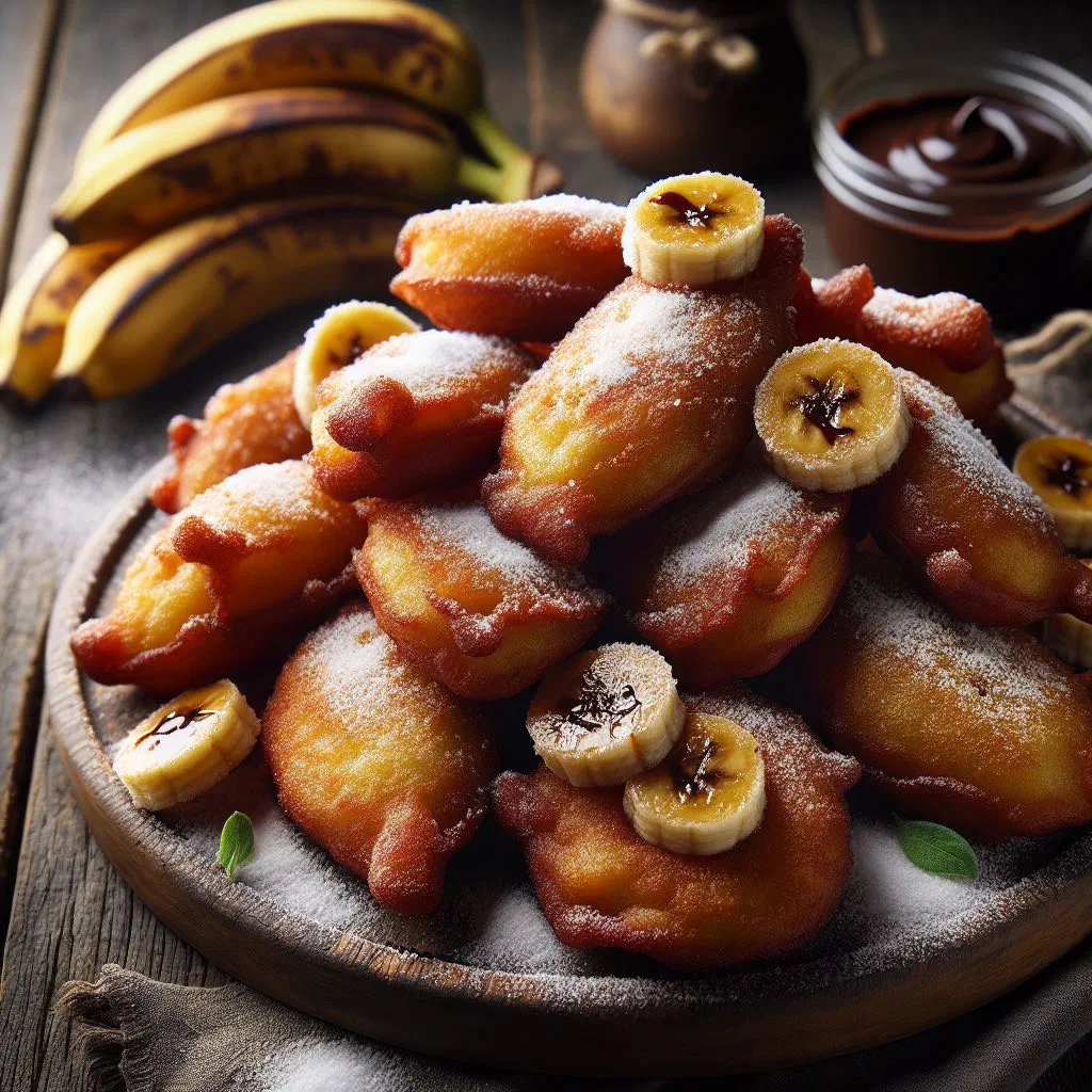 Golden deep-fried banana fritters dusted with icing sugar