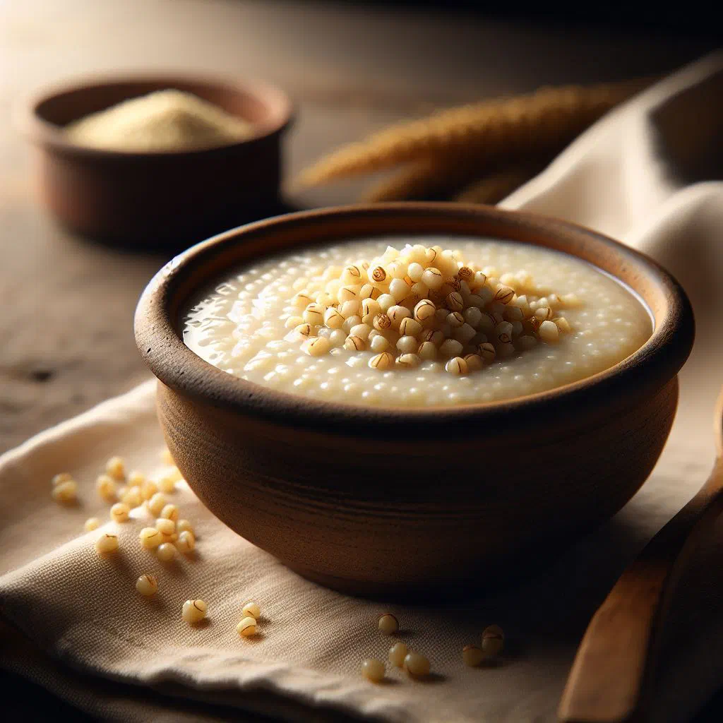 Bowl of creamy Bouillie de Mil cornmeal porridge