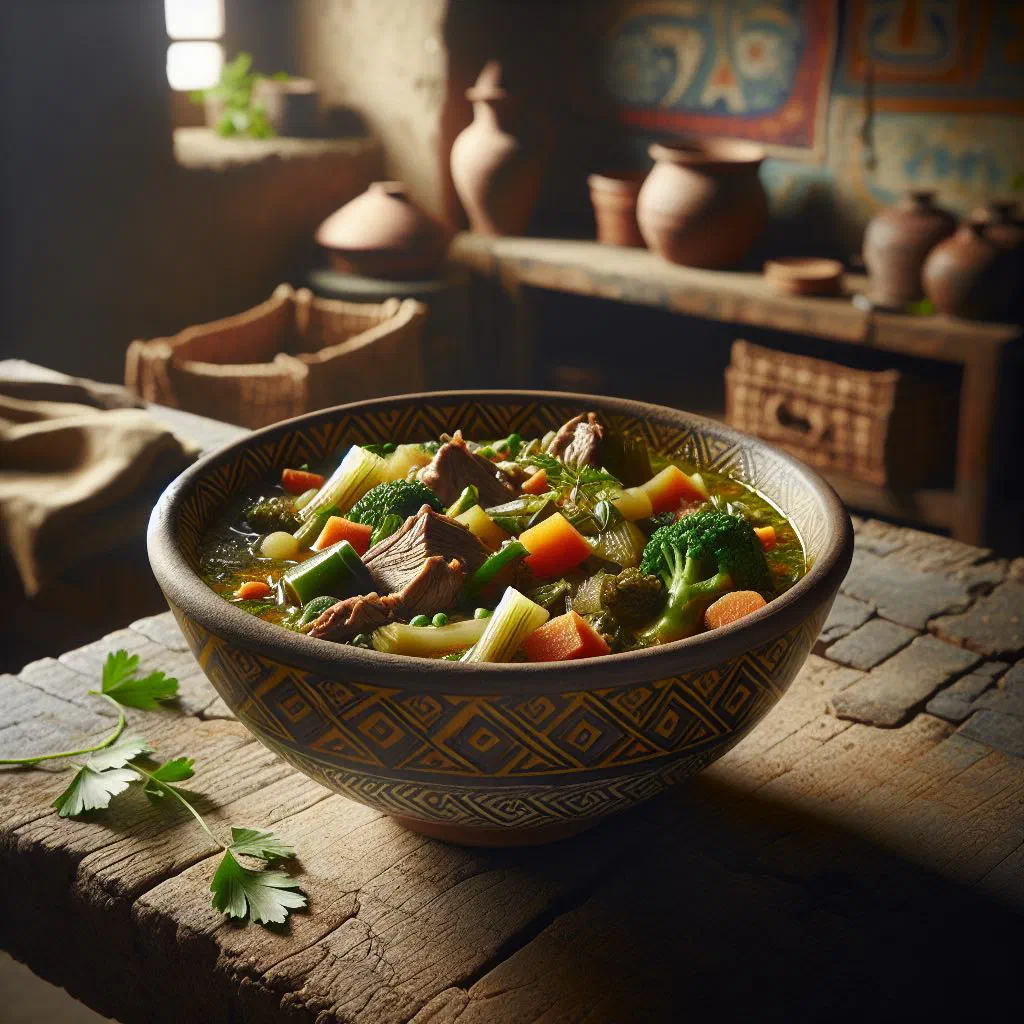 Bowl of Caldou fish stew with vegetables in a rich broth