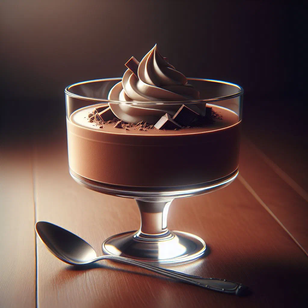 Chocolate mousse served in a glass, garnished with berries