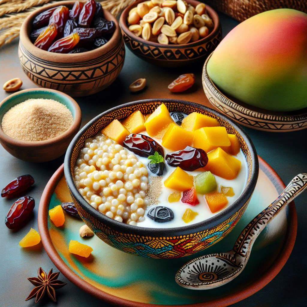 A bowl of Dégué au Mil topped with creamy yoghurt and fresh fruit