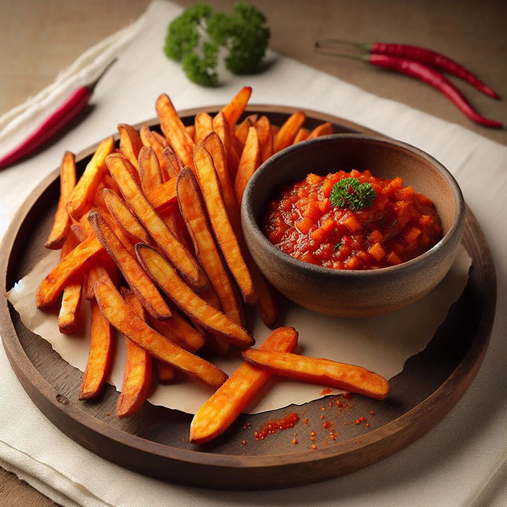 Golden fried yam pieces served with a fiery red chilli sauce