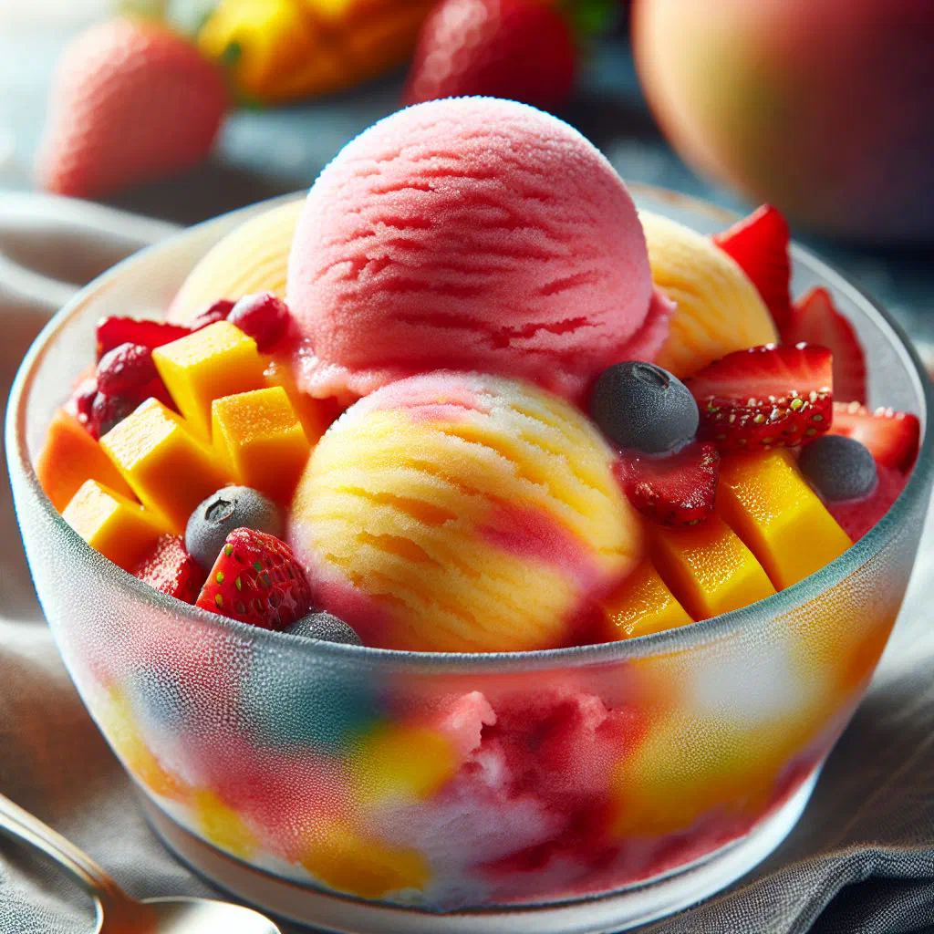 Creamy tropical fruit sorbet served in a glass with fresh fruit