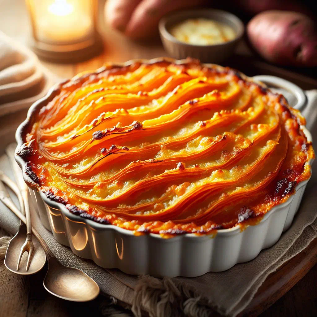 Golden baked sweet potato gratin with a cheesy crust in a dish