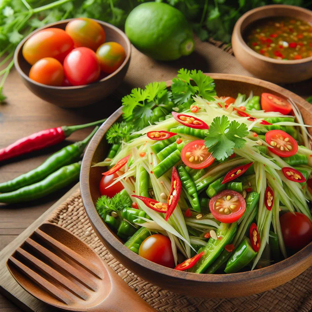 Green papaya salad with grated carrot, chopped peanuts and fresh herbs