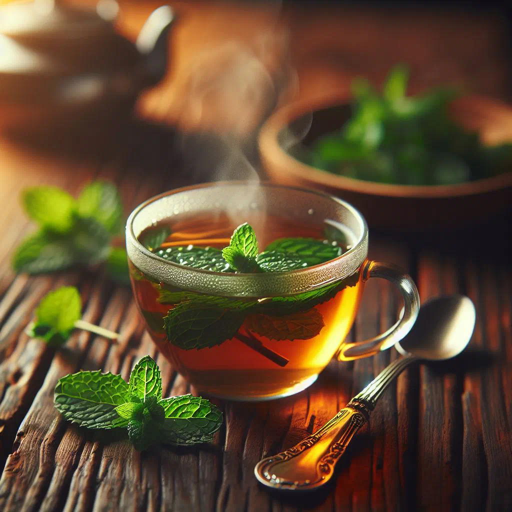 Guinean mint tea poured into small glasses with fresh mint leaves