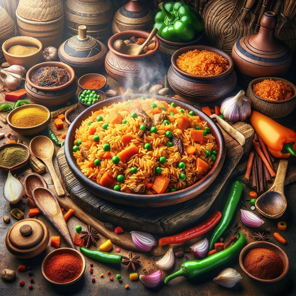 Bowl of vibrant orange-red West African jollof rice garnished with fresh herbs
