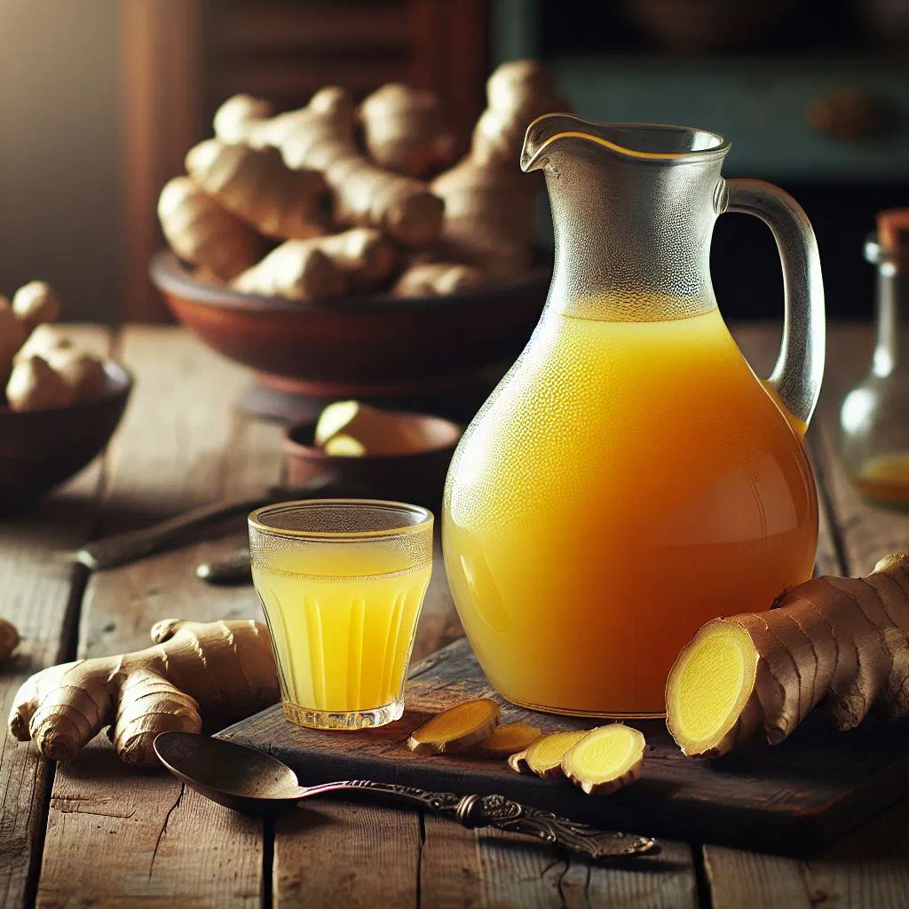 A tall glass of chilled Guinean ginger juice with ice and lemon