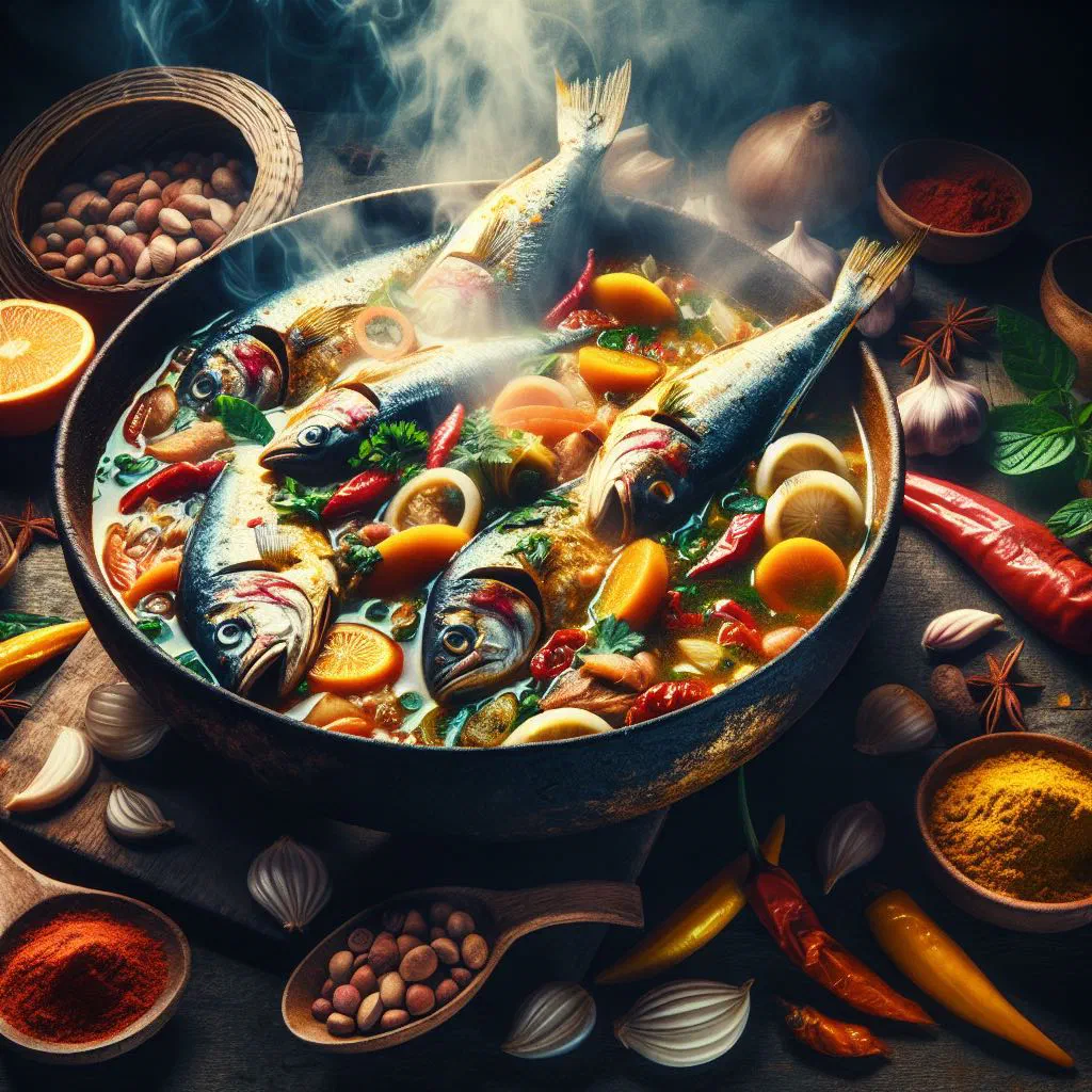 Bowl of Guinean Konkoé fish soup garnished with fresh coriander and lime