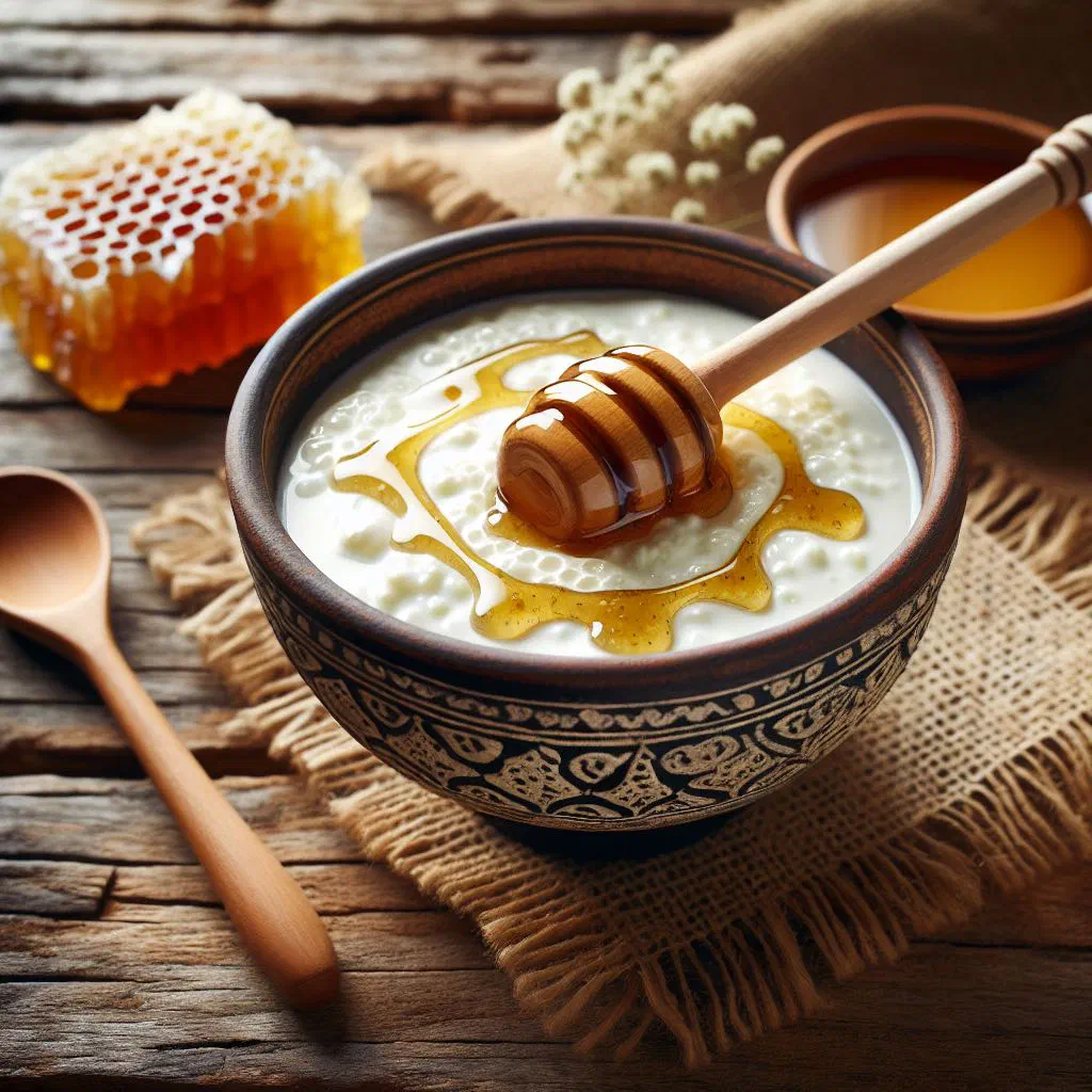 Bowl of creamy curdled milk drizzled with golden honey