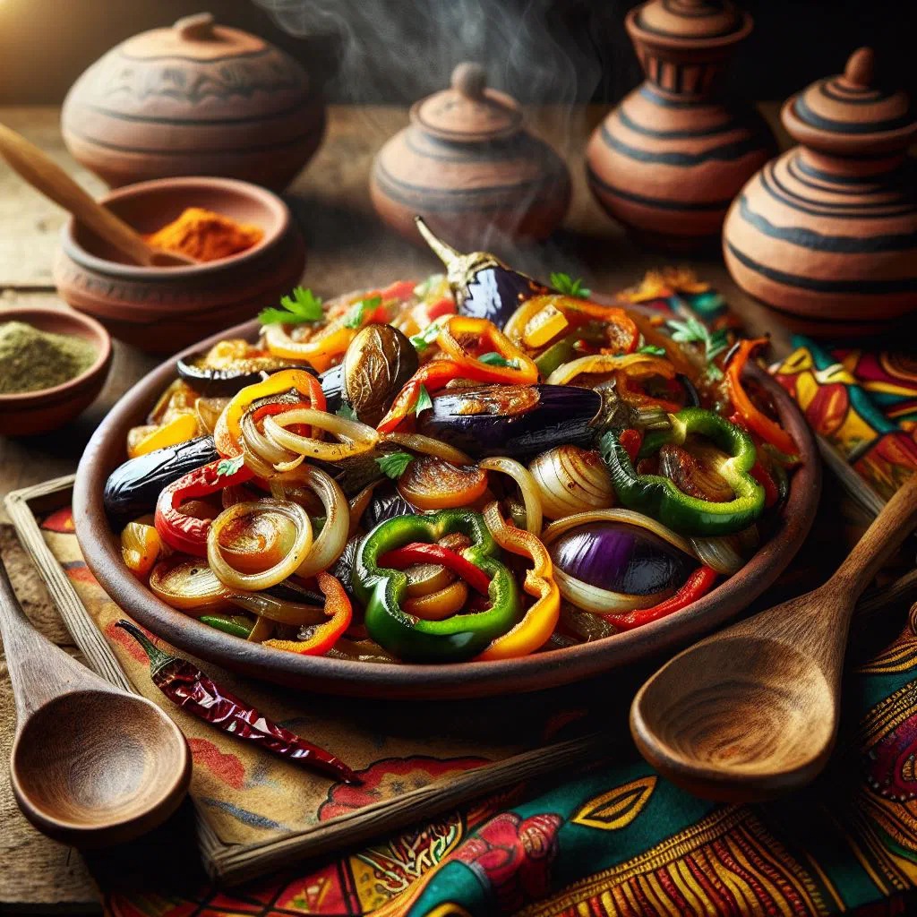 Colourful pan of sautéed Guinean vegetables garnished with fresh herbs