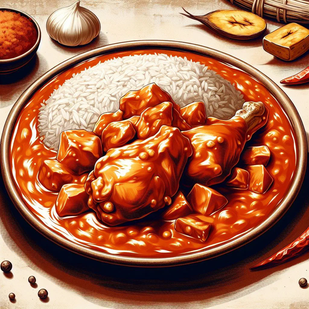 A bowl of Moambe chicken stew in a rich peanut sauce with vegetables