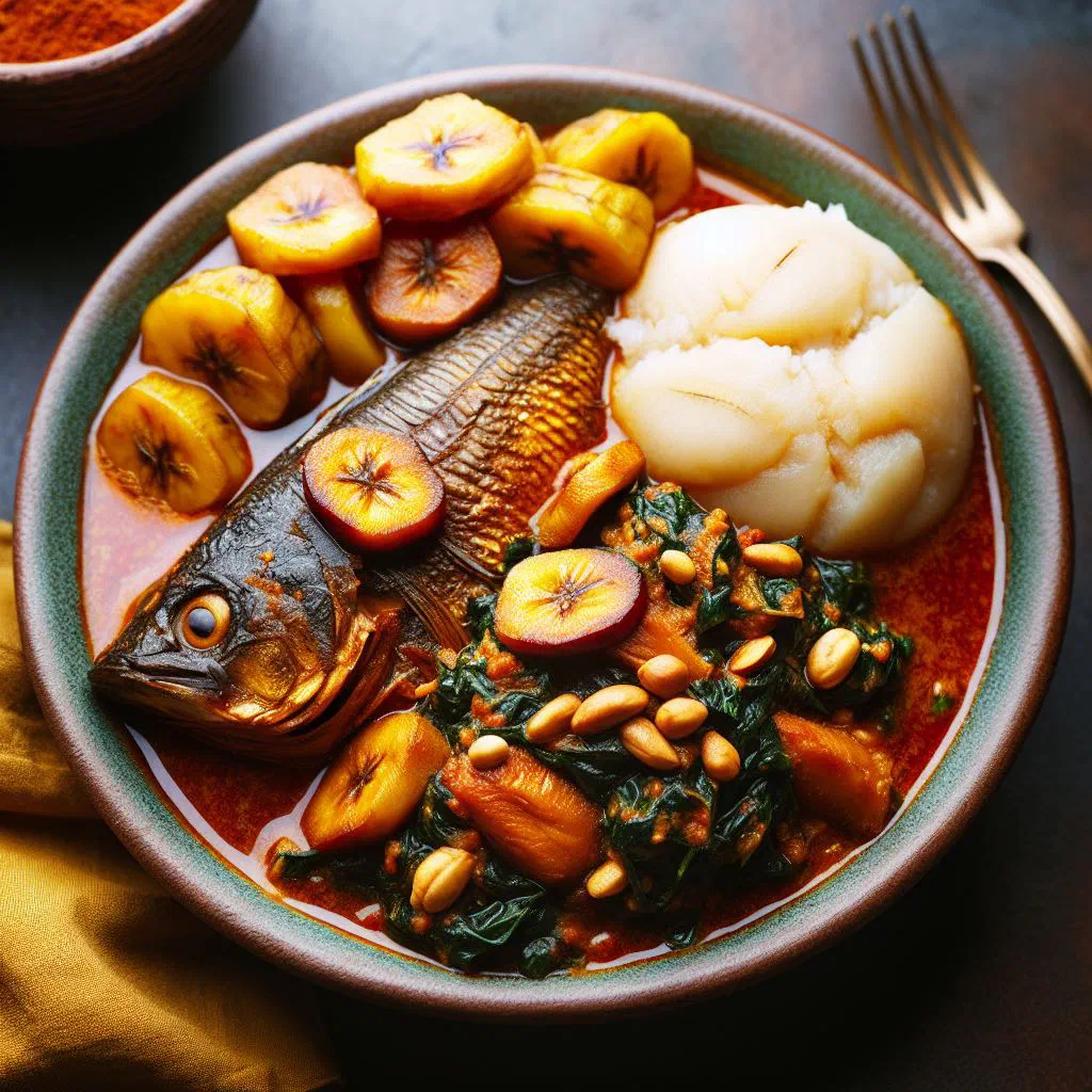 Fish fillets in a peanut and leafy green sauce, served on a plate