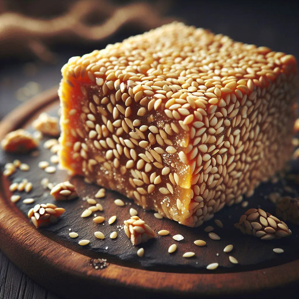 Golden sesame nougat cut into neat pieces on a serving plate
