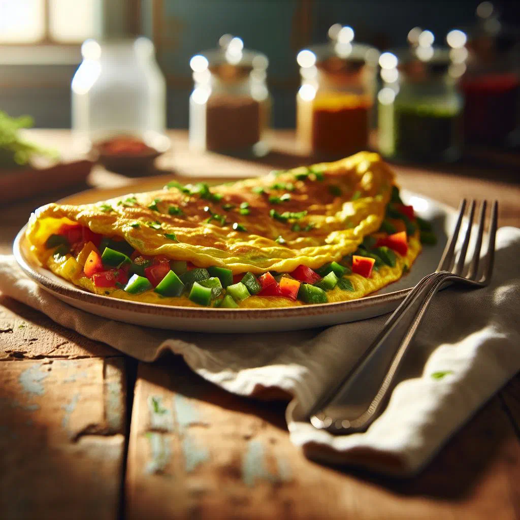 Folded vegetable omelette with courgette, peppers and tomato, garnished with fresh herbs