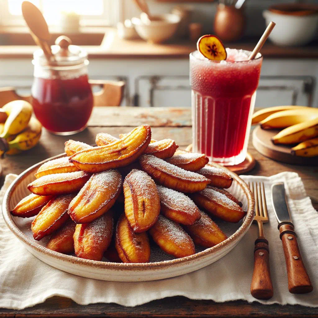 Golden deep-fried plantain beignets on a plate