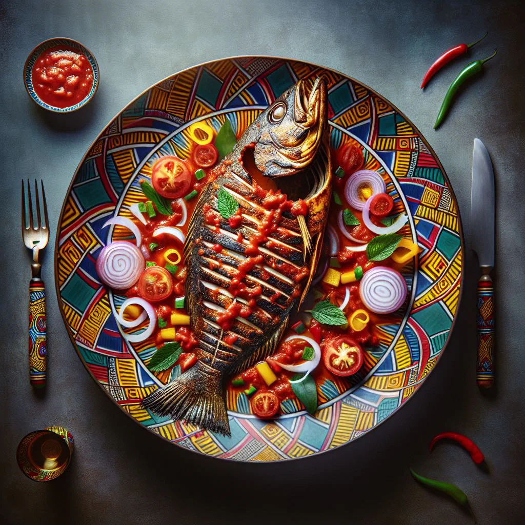 Grilled marinated whole fish garnished with fresh herbs and lemon slices