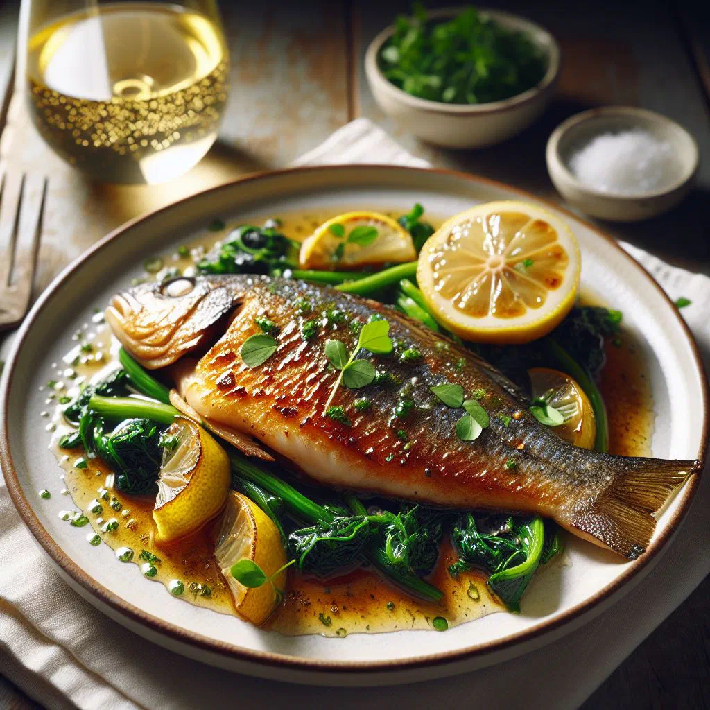 Whole grilled fish with lemon slices and fresh herbs