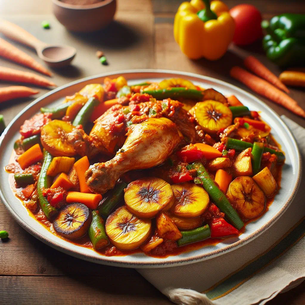 Poulet DG with braised chicken, carrots and peppers in a rich sauce