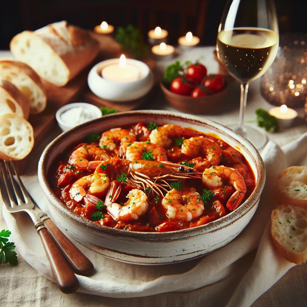 Prawns simmered in a rich tomato sauce garnished with fresh herbs