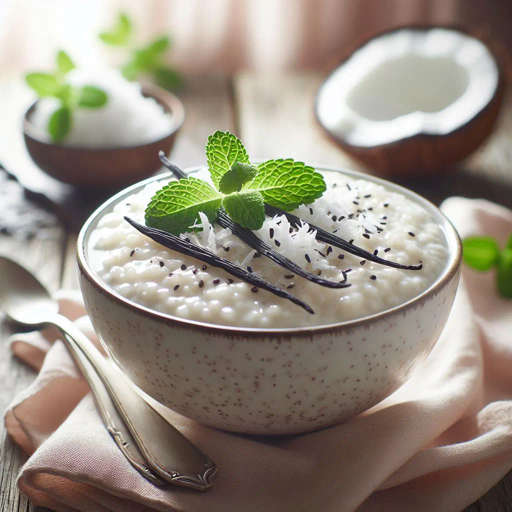 Creamy coconut rice pudding served in a glass with fresh fruit