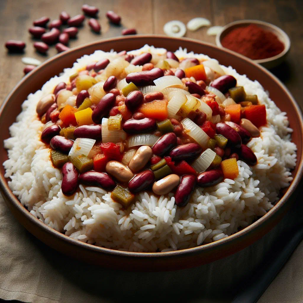Bowl of Guinean riz gras aux haricots with rice, beans and peppers