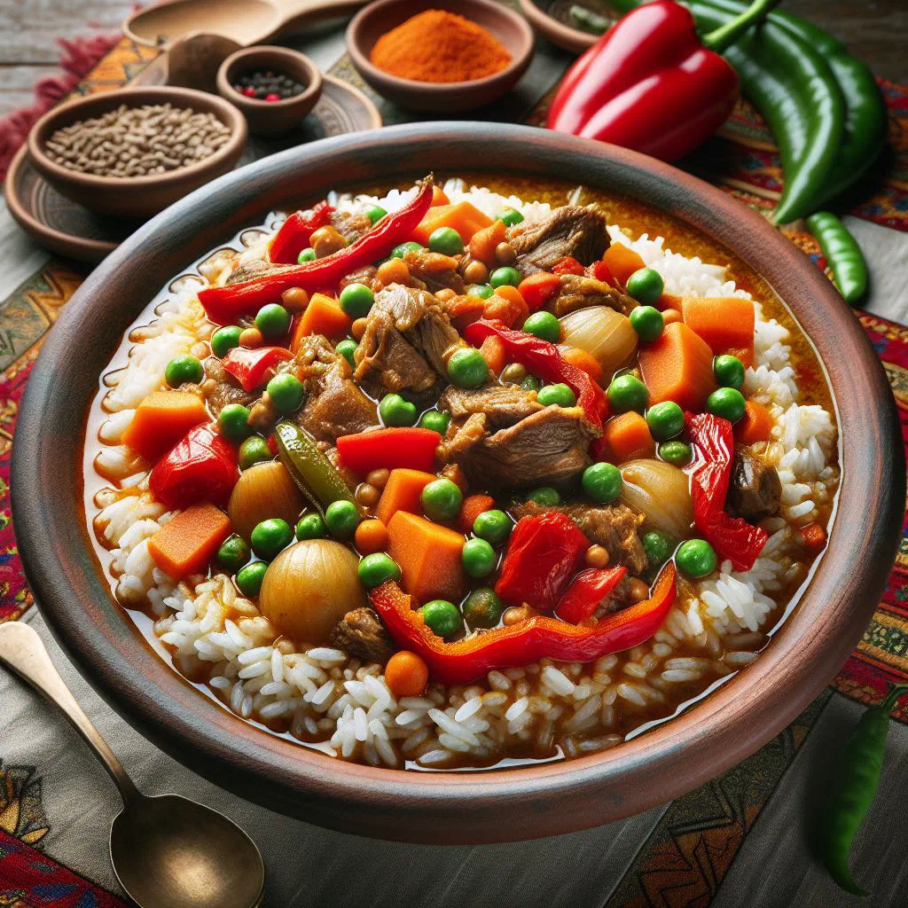 Riz gras guinéen with rice, chicken and diced vegetables in a bowl