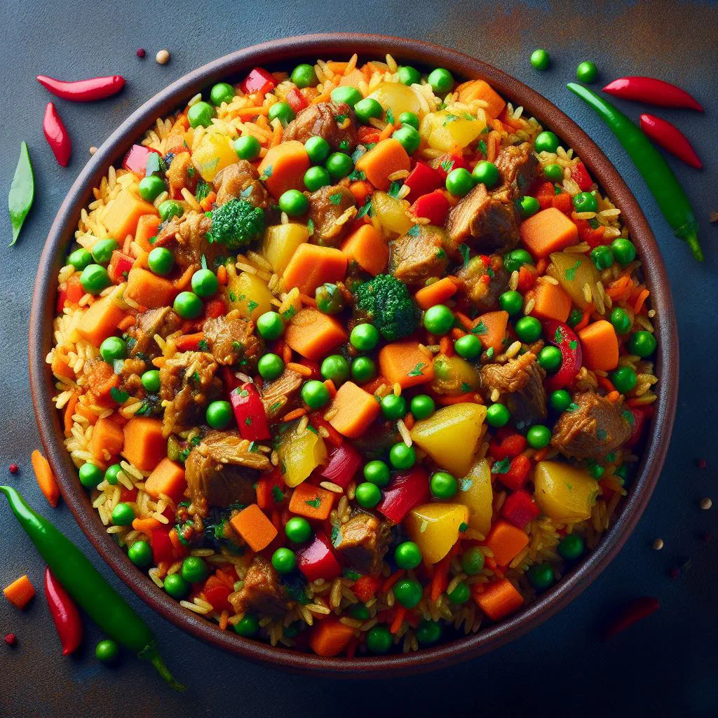 A colourful plate of Riz Senegalais with fish, rice and vegetables in a spiced sauce