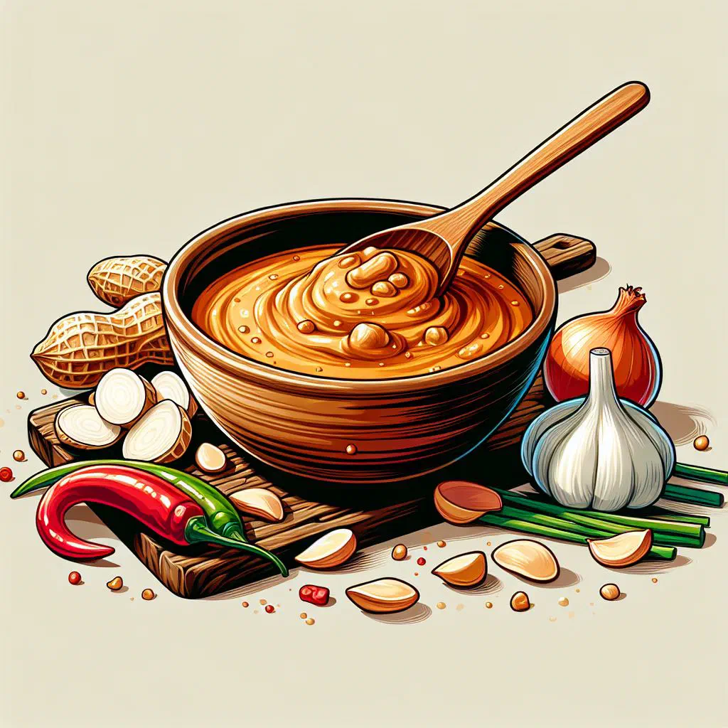 A creamy Guinean peanut sauce served in a bowl with rice