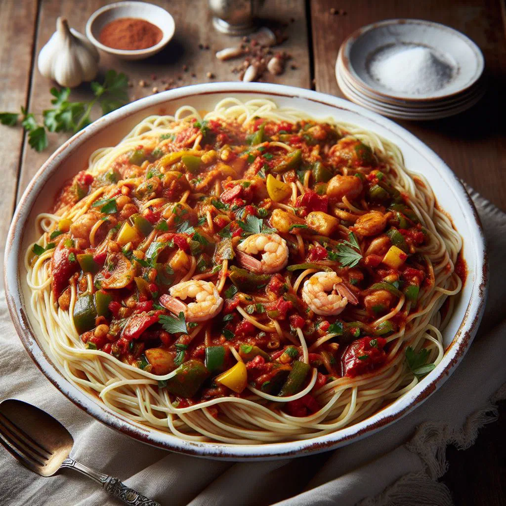 A plate of spaghetti in a rich tomato and pepper sauce, garnished with fresh herbs
