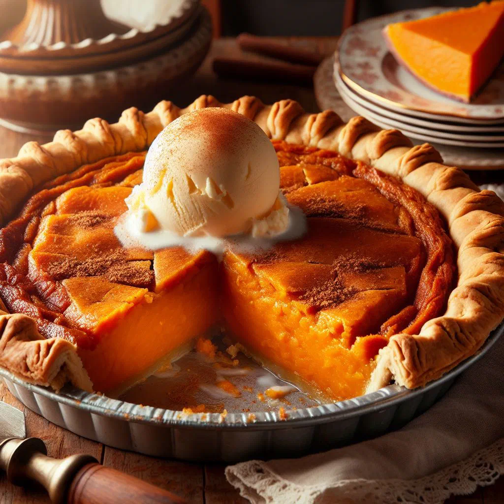 Golden sweet potato tart with a buttery crust, sliced and ready to serve
