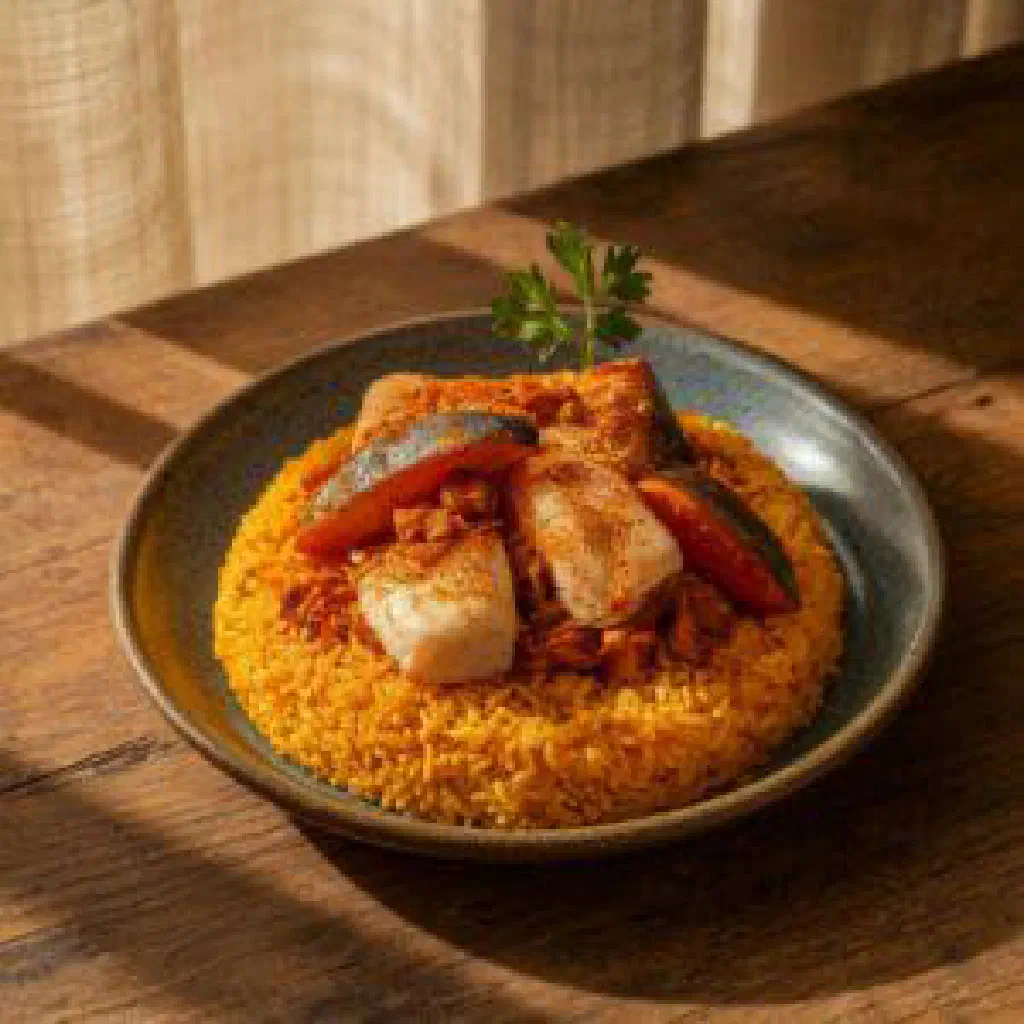 Thiebou kanja with rice, fish and fresh vegetables in a rich sauce