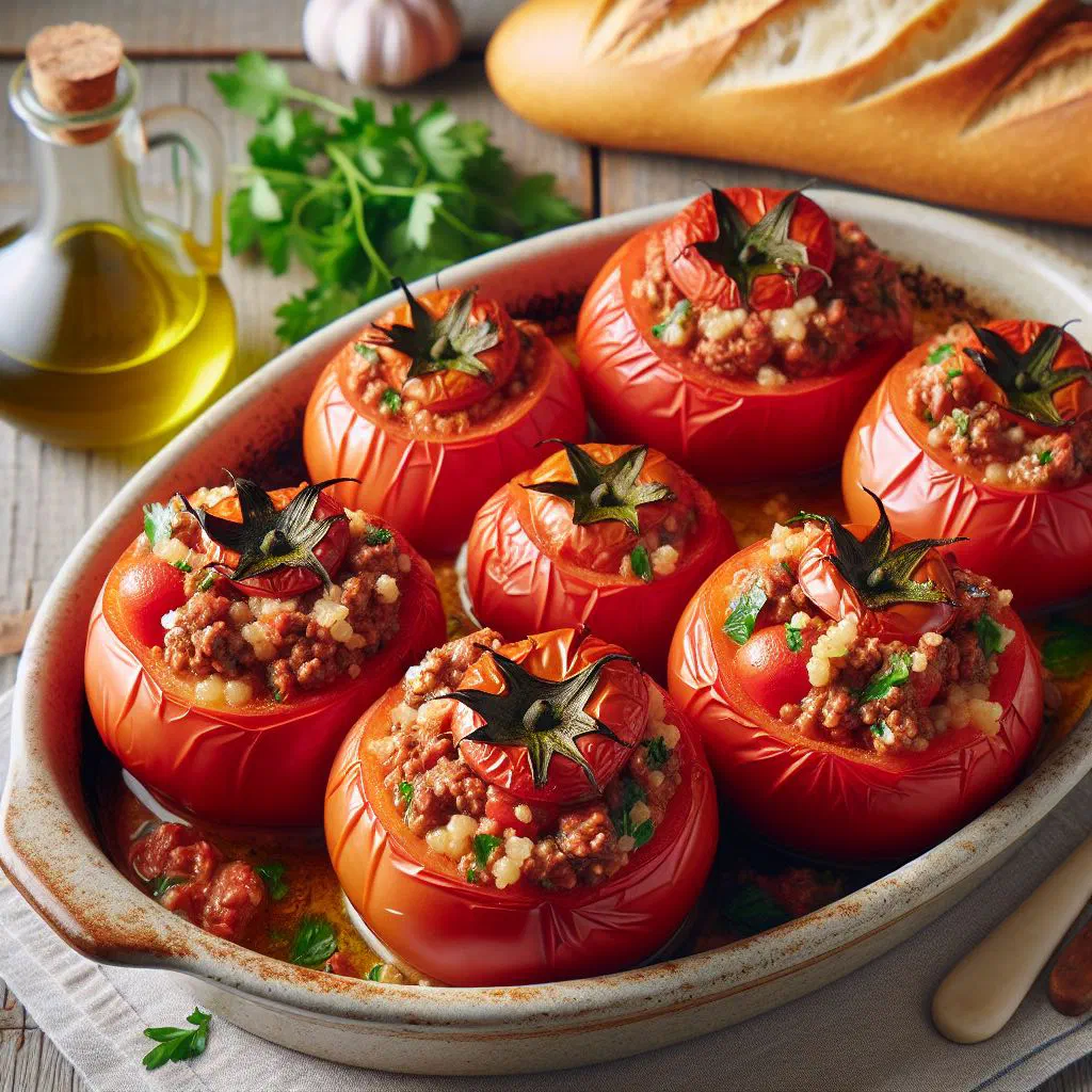Baked stuffed tomatoes filled with a savoury meat and vegetable mixture