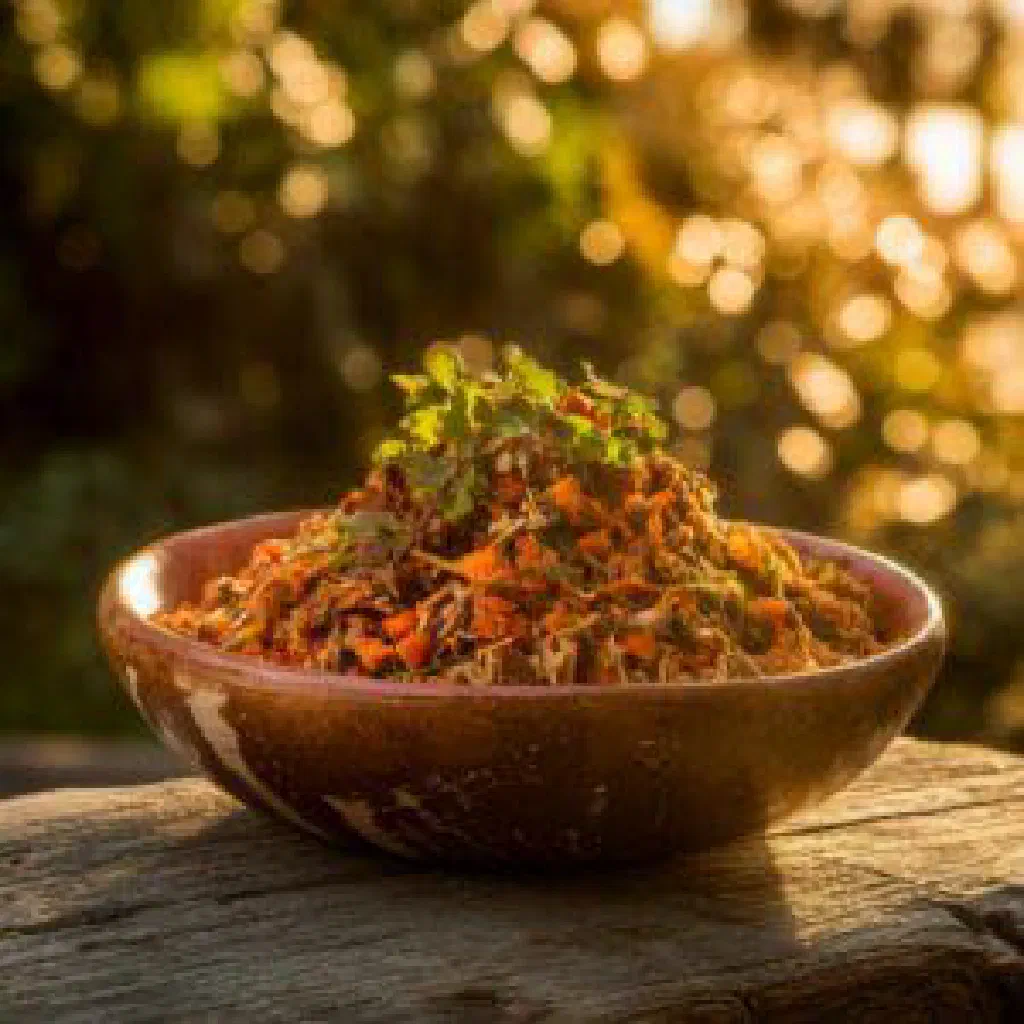 Bowl of Yovo Doko with rice, vegetables and roasted peanuts