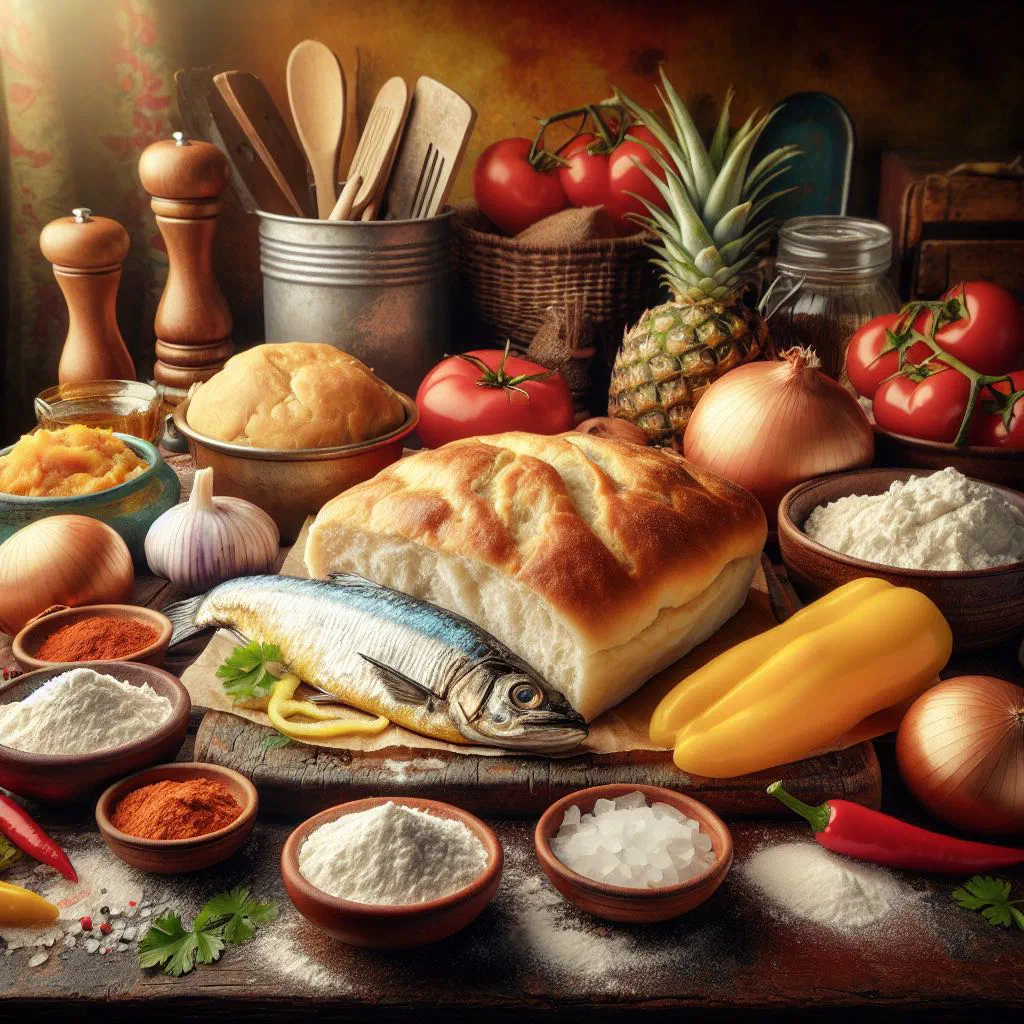 Golden fried bakes served with seasoned saltfish, onions and peppers