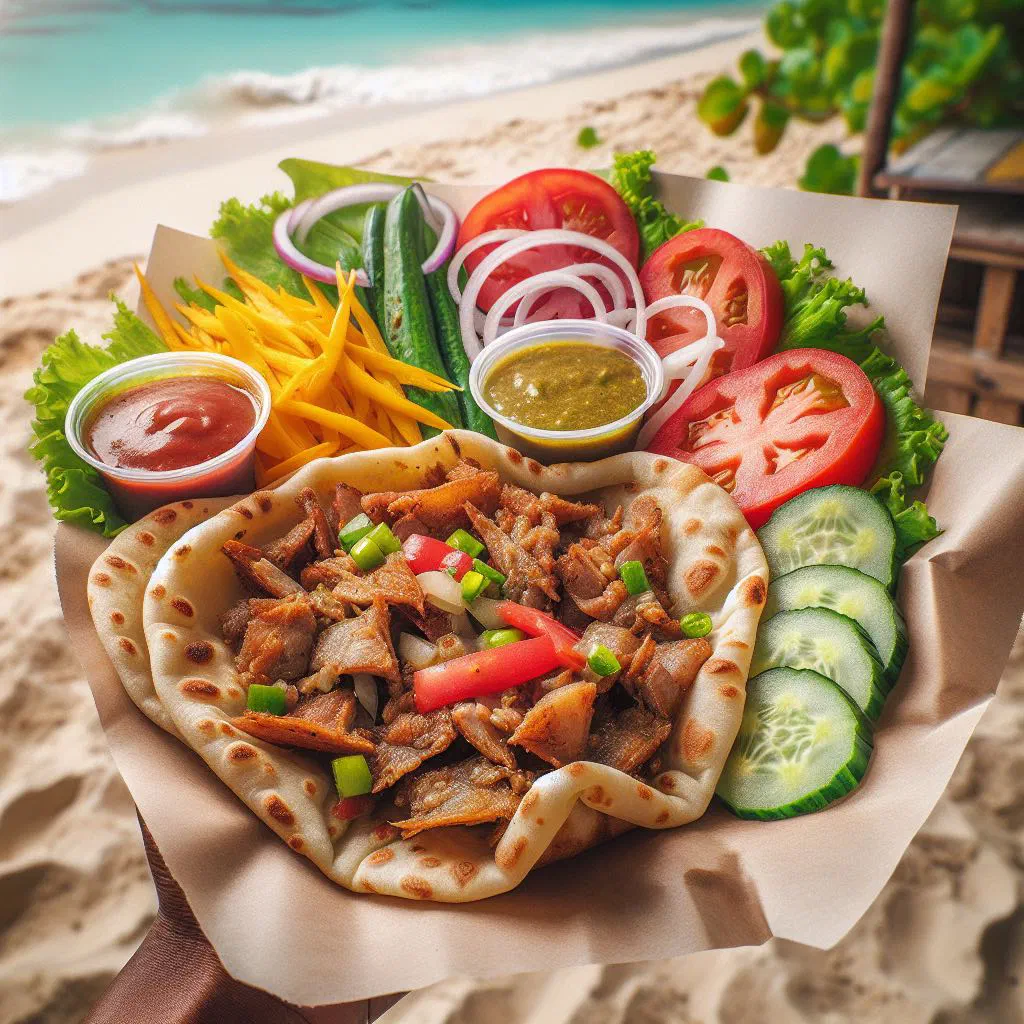 Fried shark tucked into fluffy fried dough with fresh salad and sauces