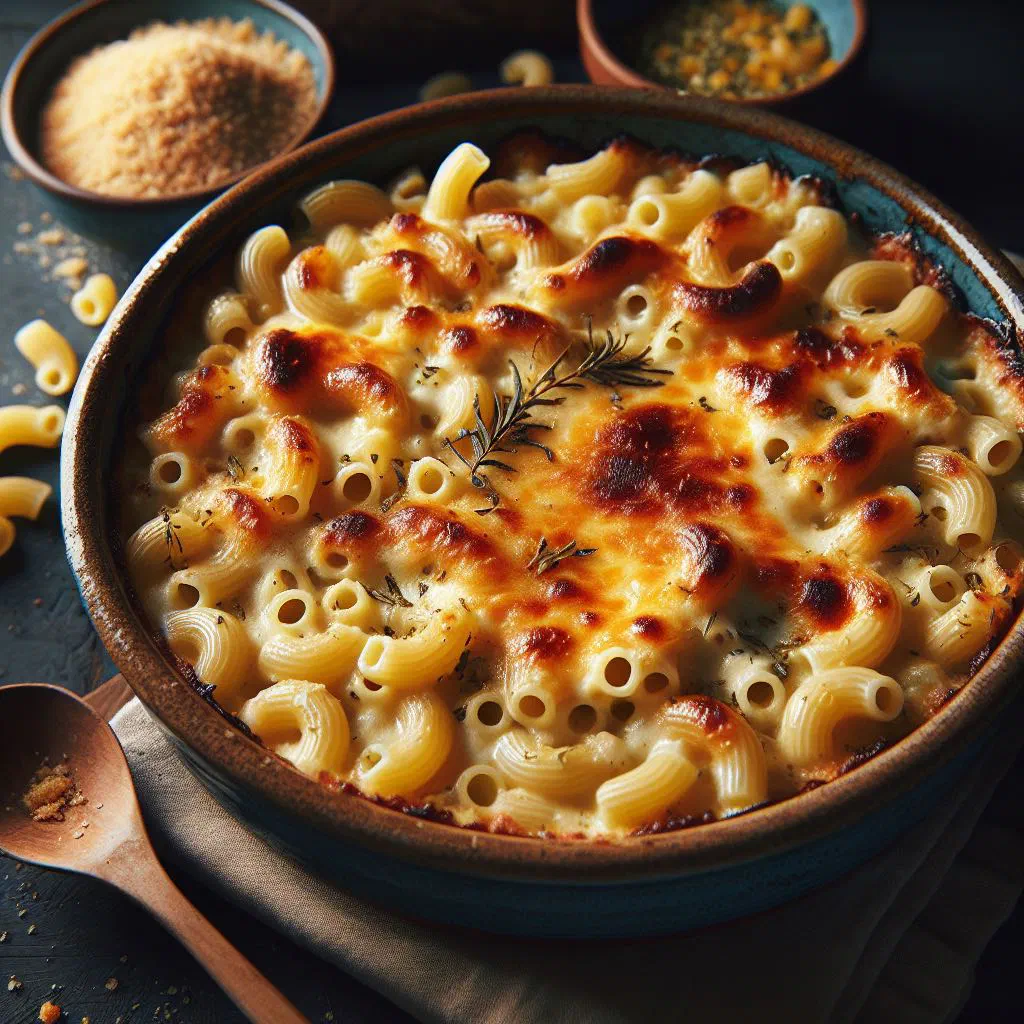 Golden baked macaroni with a bubbling cheddar cheese topping