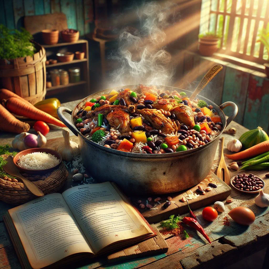 A bowl of Guyanese cook-up rice with beans, meat and vegetables