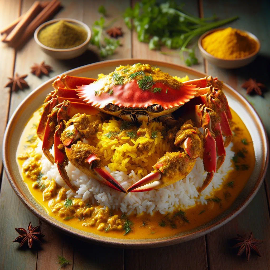 Curry crab in a spiced coconut sauce served with fluffy white rice