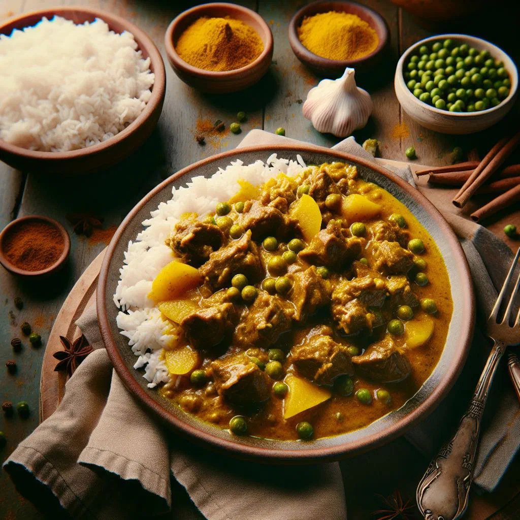 Bowl of Guyanese curry goat in a rich golden curry sauce with fresh herbs
