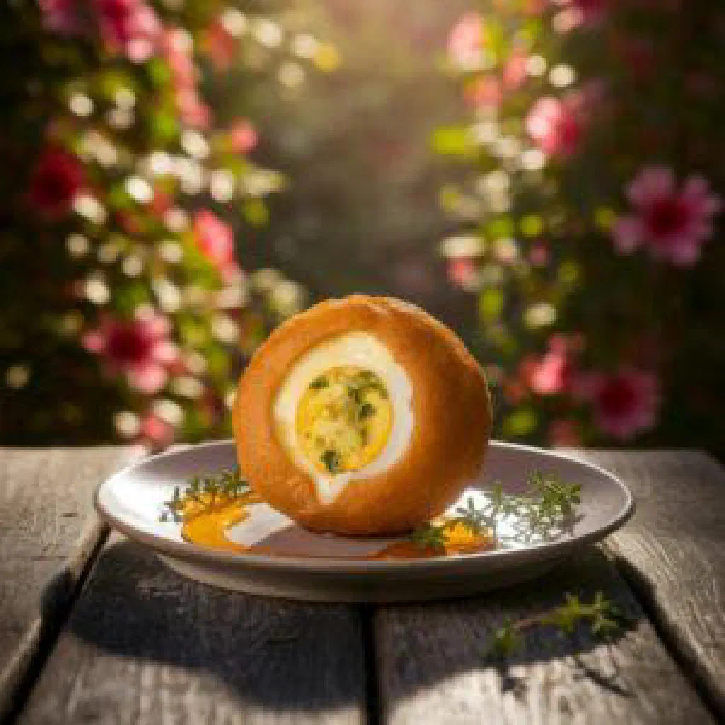 Golden fried Guyanese egg balls cut open to show the boiled egg centre