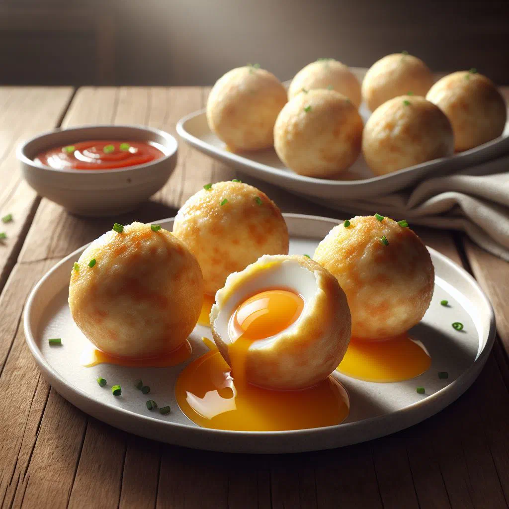 Golden fried Guyanese egg balls cut open to show the boiled egg centre