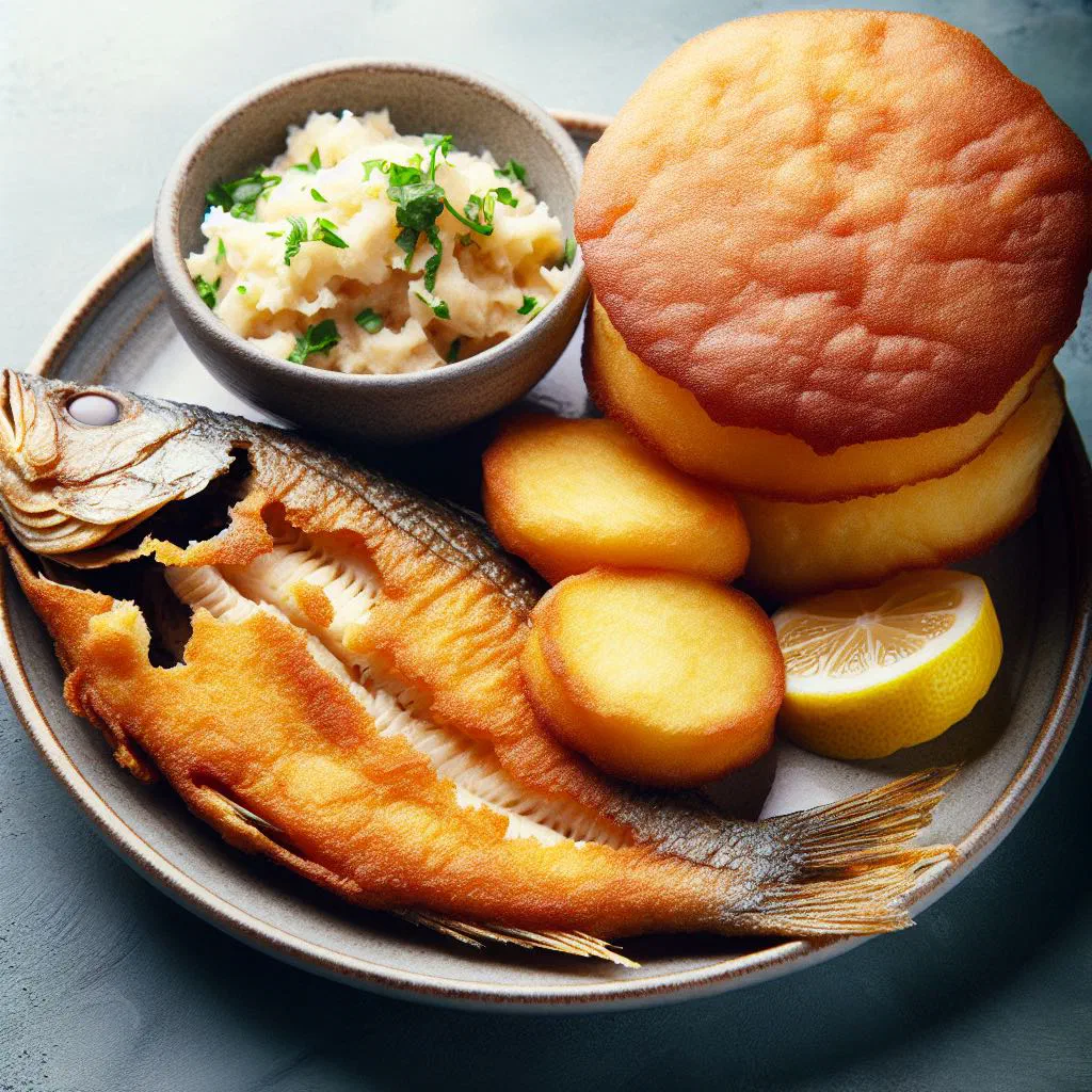 Golden fried fish served with flat rounds of cassava bread