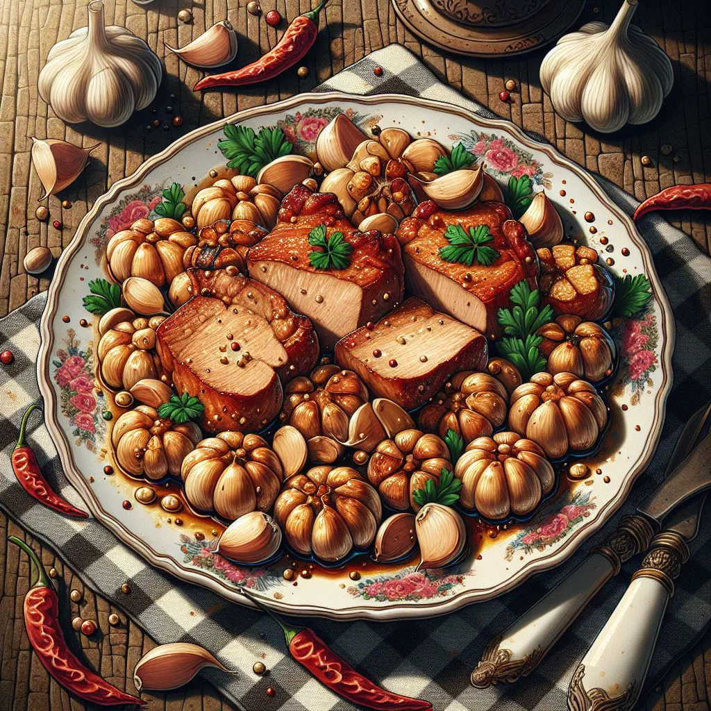 Golden-browned garlic pork pieces served on a plate with fresh herbs