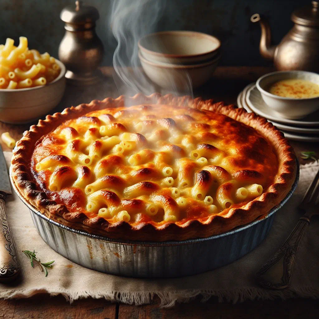 Golden baked Guyanese macaroni pie with a crisp cheese topping