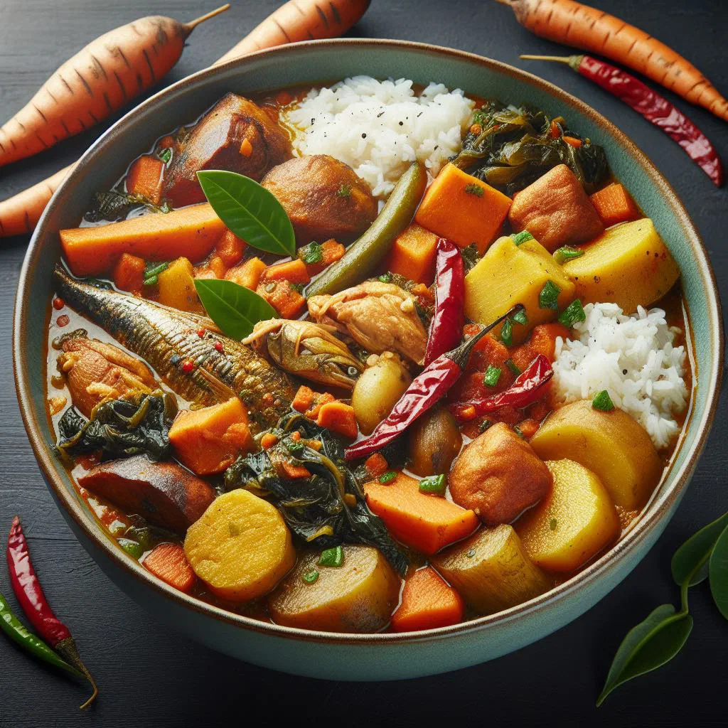 A bowl of Guyanese metemgee with root vegetables and plantain in a creamy coconut broth